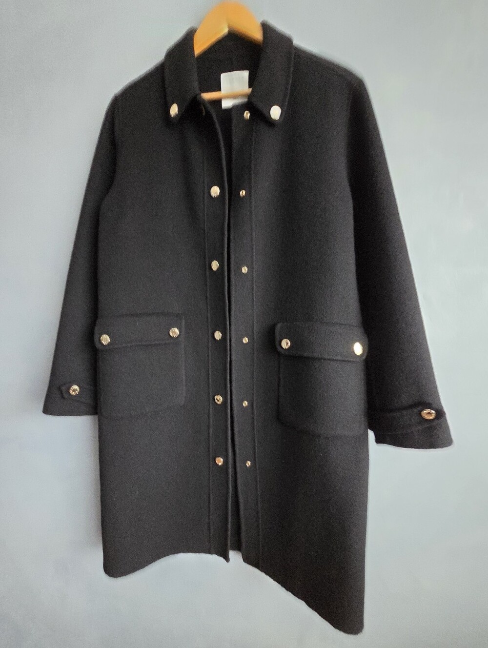 SANDRO PARIS BLACK WOOL BLEND, GOLD SNAPS MID LENGTH JACKET SIZE 38, EUC - Picture 1 of 15